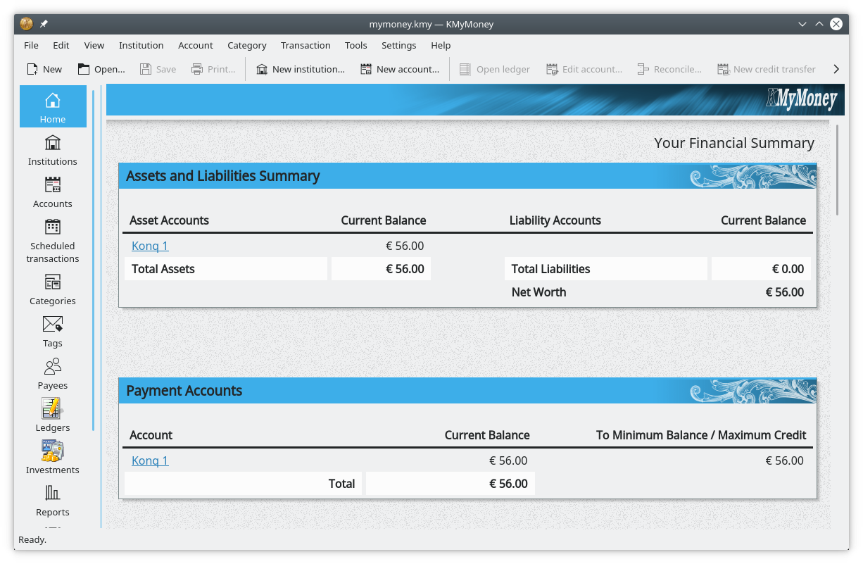 KMyMoney Financial Summary – Best Free Budget App and Planner KMyMoney financial summary screen – best budget app free for detailed financial planning.