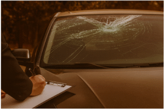 Insurance adjuster in a black suit writing on a clipboard while inspecting a modern brown car with a cracked windshield.