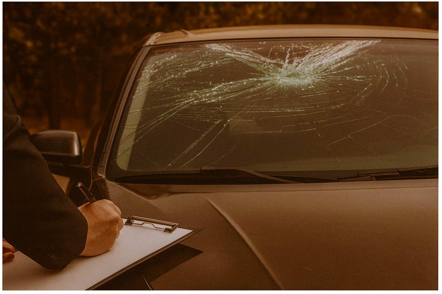 Insurance adjuster in a black suit writing on a clipboard while inspecting a modern brown car with a cracked windshield.