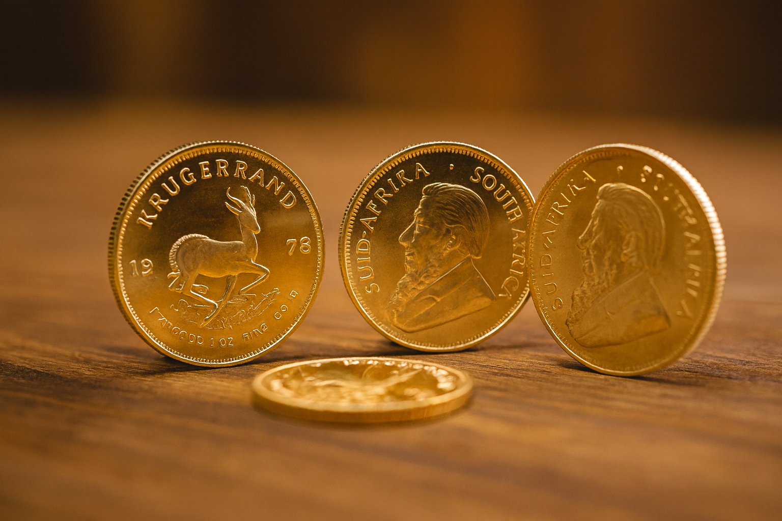 Gold Krugerrand coins displayed on a wooden table with blurred background