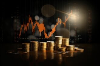 Klarna stock illustration showing gold coins and financial market chart growth.